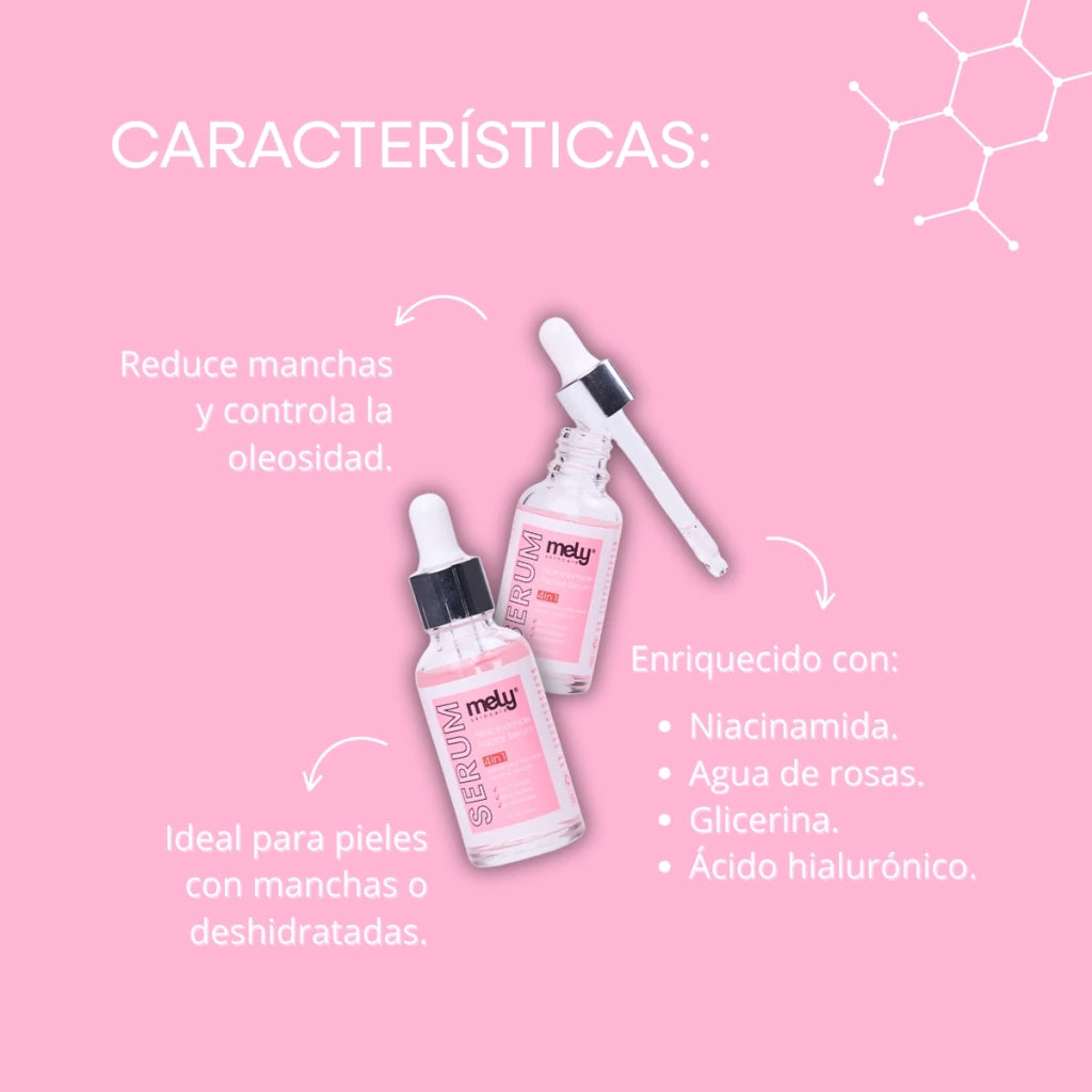 SERUM FACIAL 4 EN 1 NIACINAMIDA, AGUA DE ROSAS, GLICERINAY ÁCIDO HIALURÓNICO
