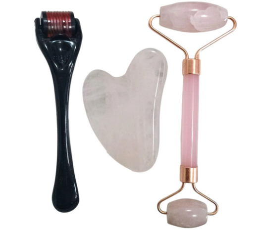 Set masajeador rodillo + jade + derma roller