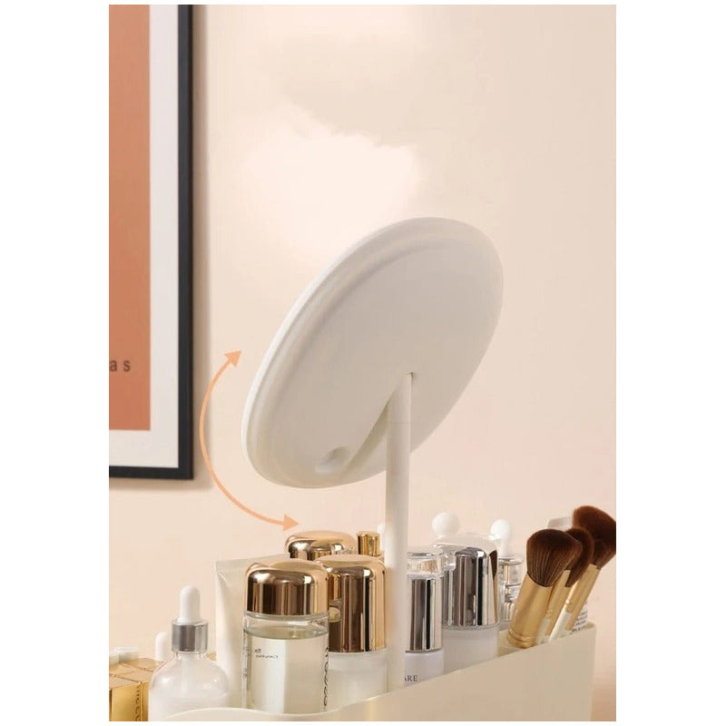 Organizador De Maquillaje Con Espejo LED Crema