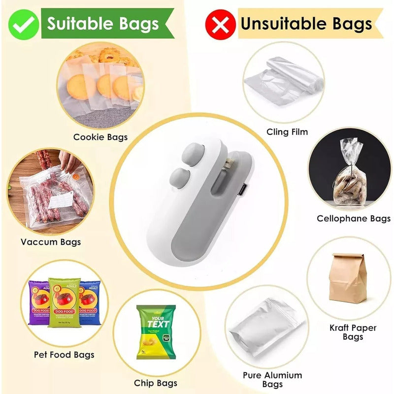 Mini Sellador De Bolsa 2 En 1 Recargable Portatil Blanco/gris