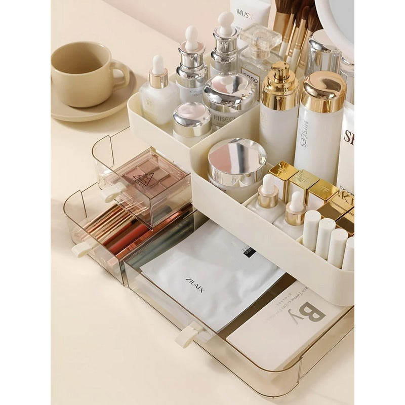 Organizador De Maquillaje Con Espejo LED Crema