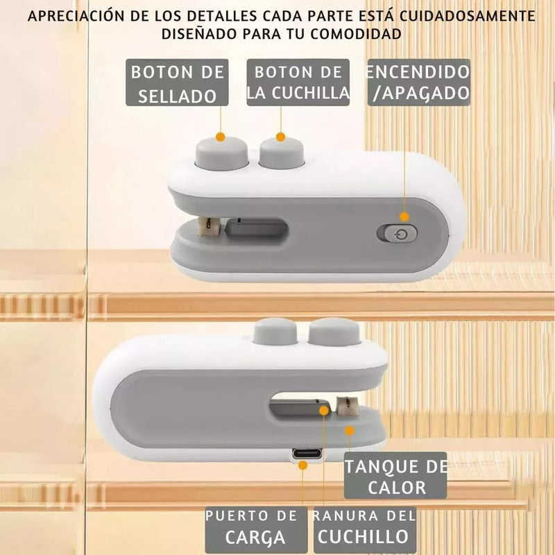 Mini Sellador De Bolsa 2 En 1 Recargable Portatil Blanco/gris
