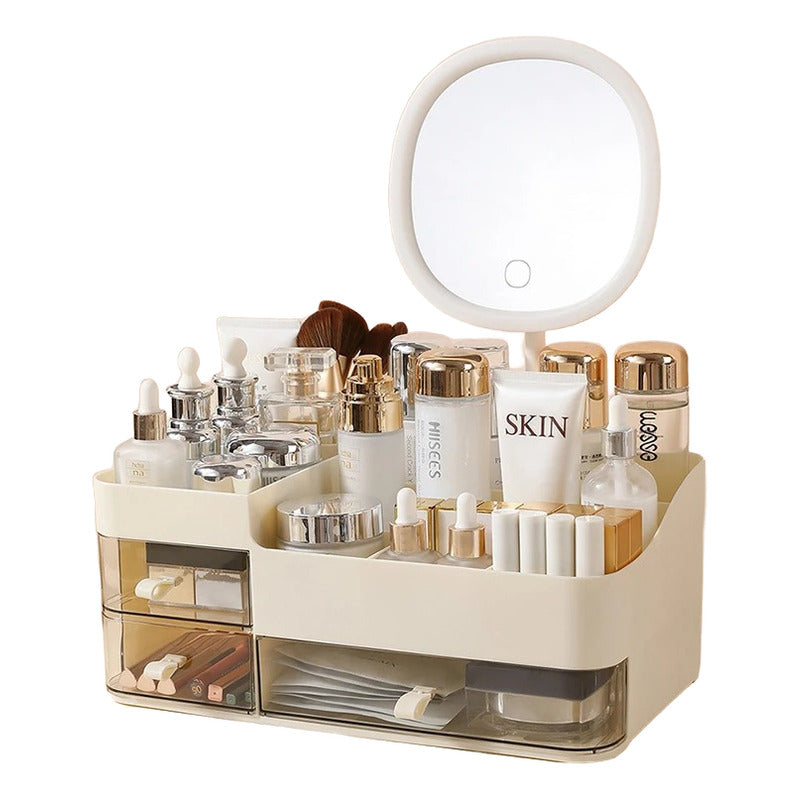 Organizador De Maquillaje Con Espejo LED Crema
