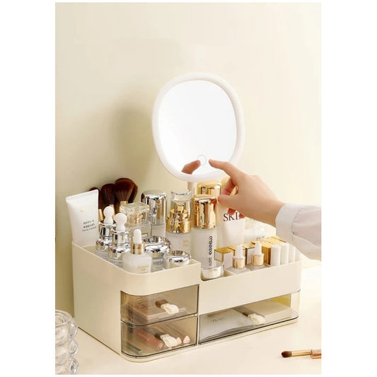 Organizador De Maquillaje Con Espejo LED Crema
