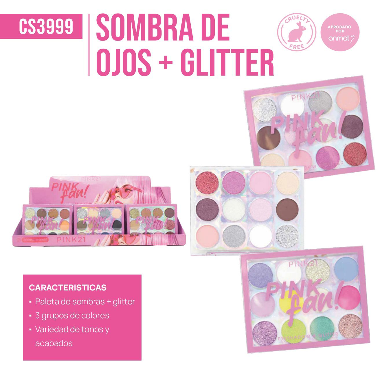 CAJA X 24U SOMBRA DE OJOS + GLITTER PINK21 CS3999