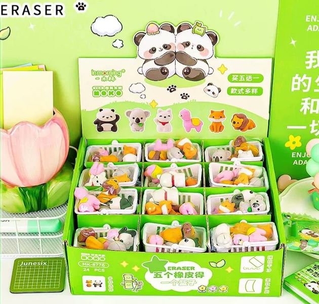 Set x5 Goma de Borrar + 1 Canasta Cute Zoológico