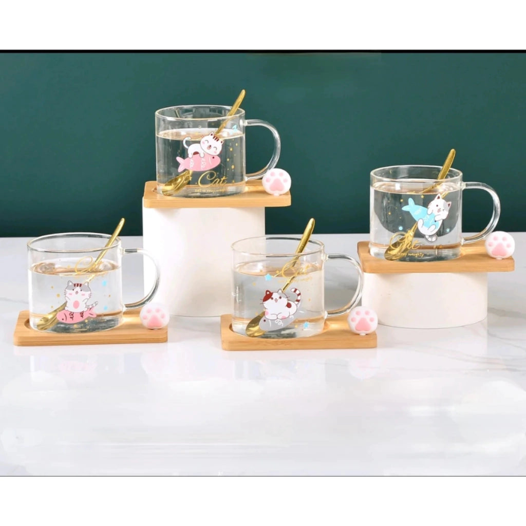 Taza de Vidrio de Gato con Base de Bambu
