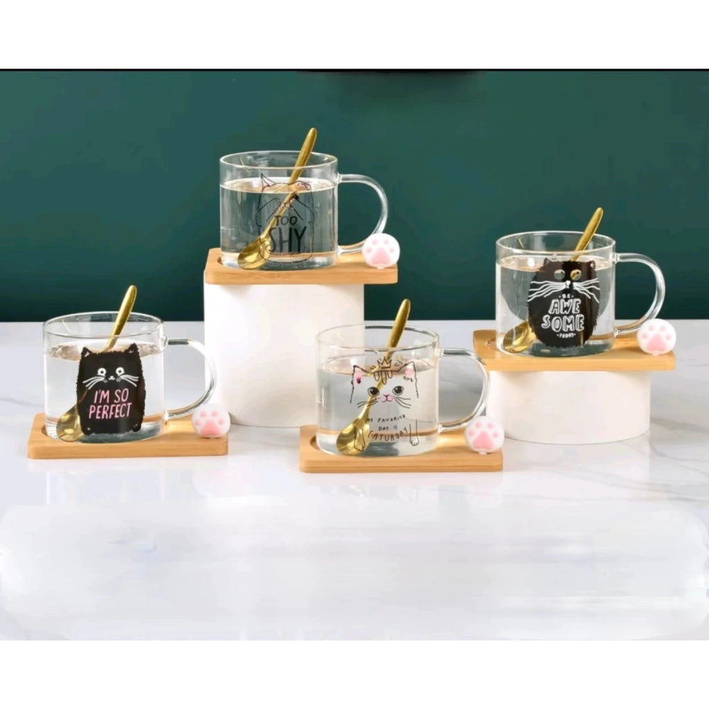 Taza de VIdrio Gato con Base de Bambu