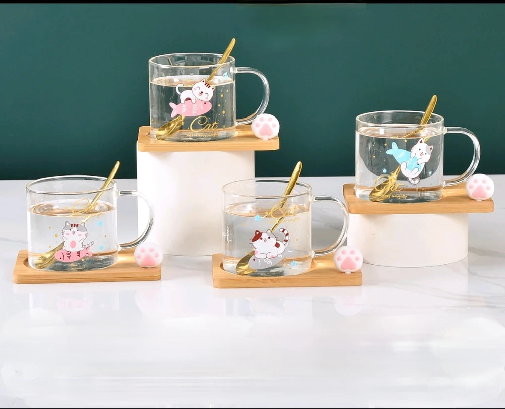 TAZA VIDRIO CON PLATO GATO Y PECES