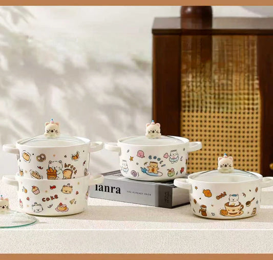 BOWL CERAMICA GRANDE CON TAPA DE VIDRIO GATOS
