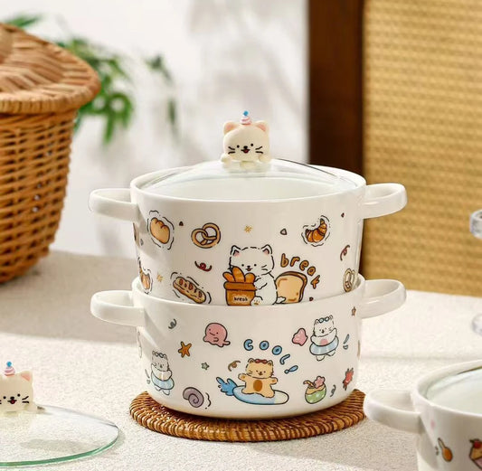 BOWL CERAMICA GRANDE CON TAPA DE VIDRIO GATOS