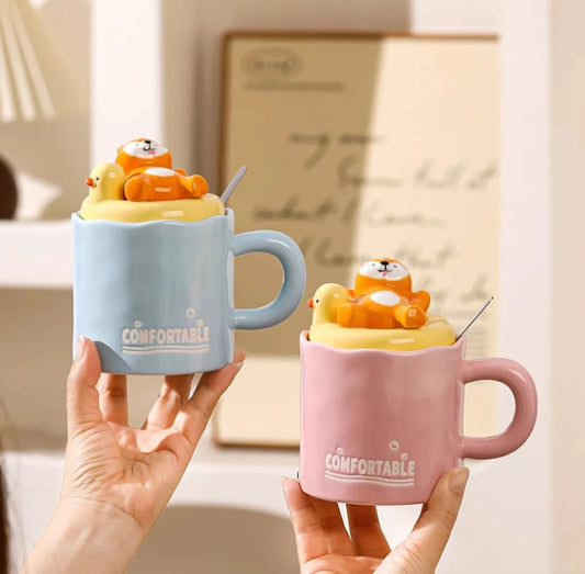 TAZA CERAMICA CON ANIMALES BAÑANDO