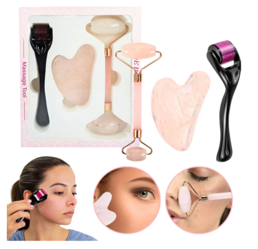 Set masajeador rodillo + jade + derma roller