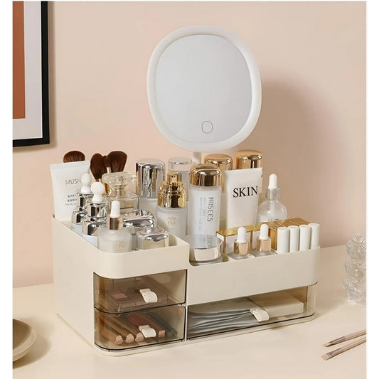 Organizador De Maquillaje Con Espejo LED Crema