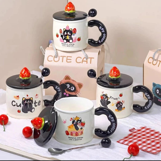 Taza de Ceramica Frutilla Gato Negro