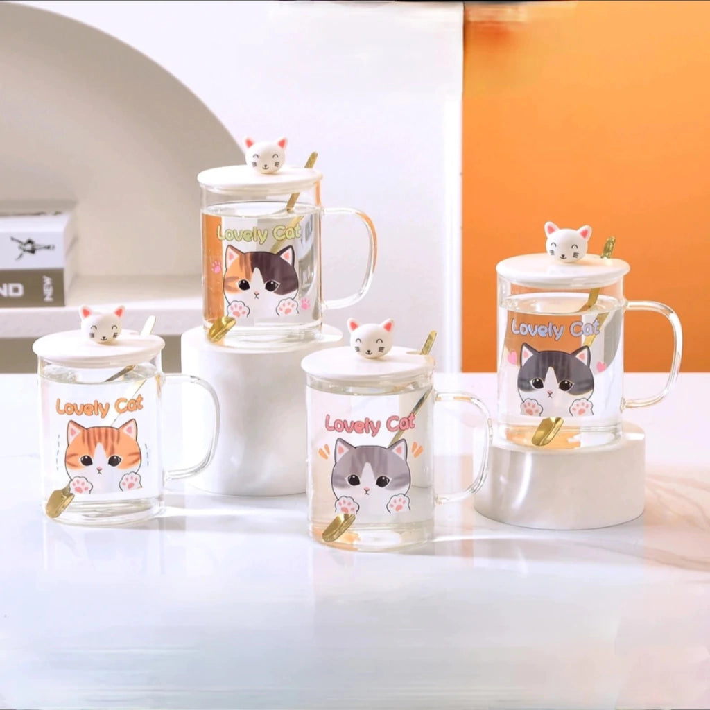 Taza de Vidrio Lovely Cat con Tapa