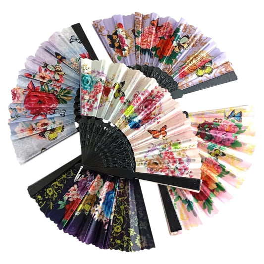 Abanico x12pcs negro con flores