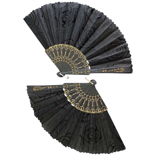Abanico flores x12pcs negro terminaciones dorados